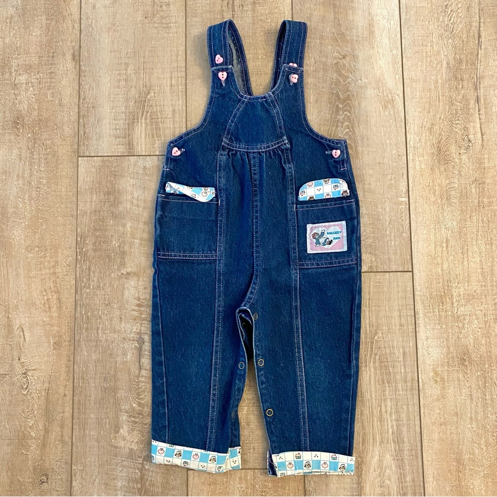 Vintage 80s Raggedy Ann Girls Size 24mo Blue Denim Overalls